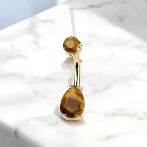 Tigers Eye Belly Ring, Internally Threaded Titanium Gold Natural Gemstone Teardrop Belly Button Ring Piercing, 14g Navel Ring Body Jewelry