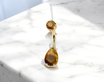 Tigers Eye Belly Ring, Internally Threaded Titanium Gold Natural Gemstone Teardrop Belly Button Ring Piercing, 14g Navel Ring Body Jewelry
