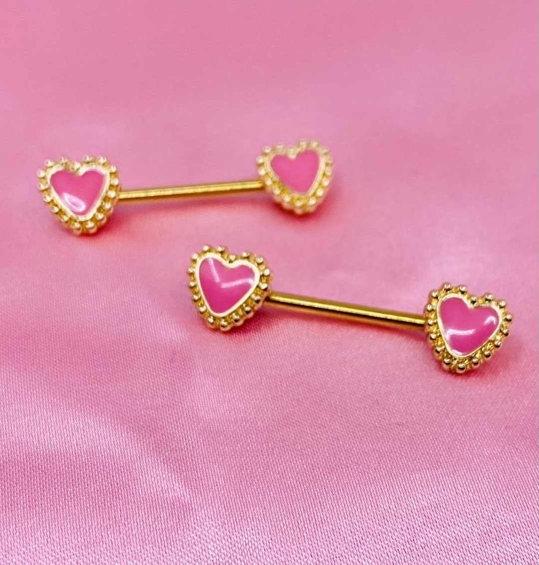 Pair of 14G Gold Pink Heart Nipple Barbells. Nipple Jewelry. Nipple