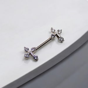 14G Clear Sparkling Stones Cross Ends Nipple Barbells, Nipple Piercings, Nipple Rings. Nipple Jewelry Personalized Body Jewelry Set of 2