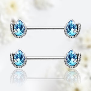 Pair of 14G Pear Shape Aqua Stones Nipple Barbell. Nipple Rings. Nipple Jewelry. Nipple Piercing.
