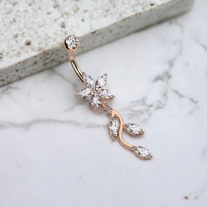 Rose Gold Sparkling Marquise Flower Dangling Belly Button Ring Piercing, Navel Ring