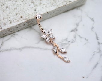 Rose Gold Sparkling Marquise Flower Dangling Belly Button Ring Piercing, Navel Ring