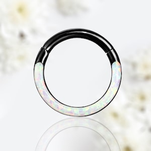 16G Black White Opal Inlay Septum Piercing Hoop Clicker Ring Simple Style Colorful White Opal Black Hoop Septum Ring Nose Piercing Jewelry
