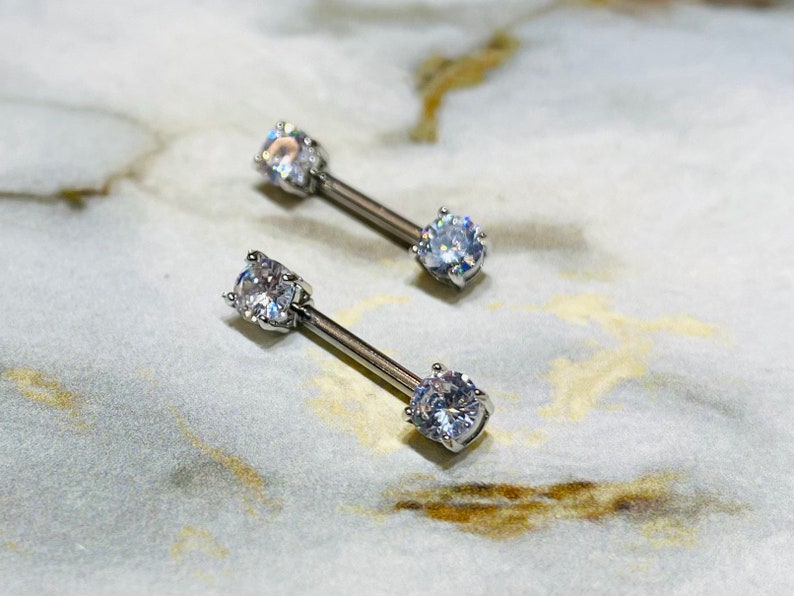 Nipple Jewelry Nipple Piercing Nipple Rings Pair of 14G Silver Prong Set Sparkling 7mm Stone Nipple Barbells