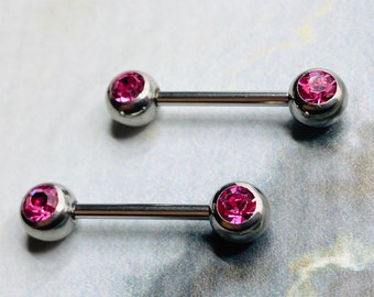 14G Pink Crystal Ball Ends Nipple Jewelry Piercing Barbells