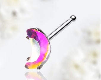 20G Iridescent Moon Nose Stud, Multicolor Moon Cut Gem Top Nose Ring Stud