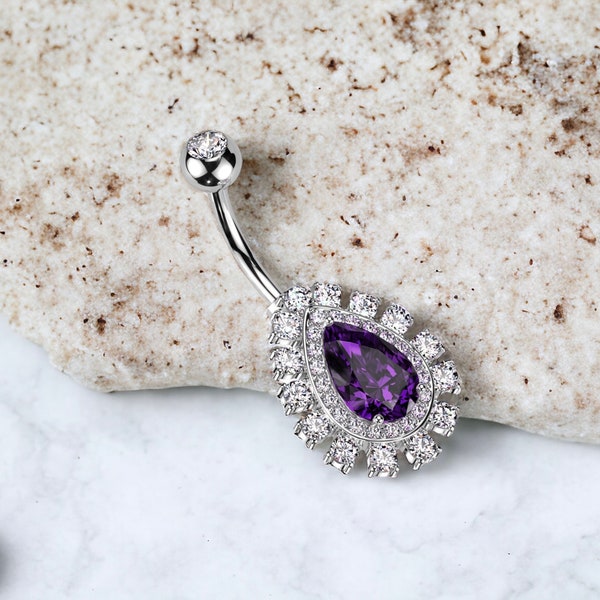 14G Teardrop Belly Button Ring, Beautiful Purple Tanzanite Teardrop Gem Decor Belly Button Piercing Ring Jewelry, Navel Piercing