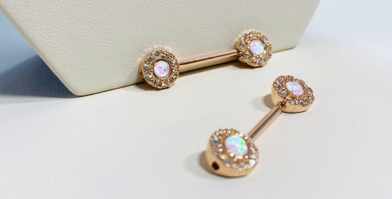 Pair of 14G Golden Imitation Opal Avice Nipple Barbell Ring Pair of 14G Golden Imitation Opal Avice Nipple Barbell Ring