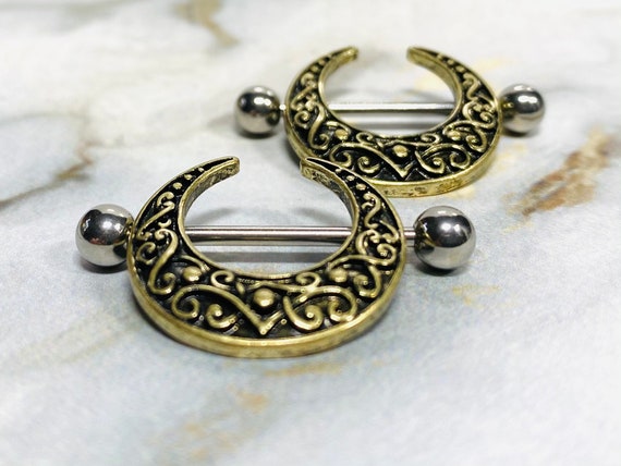 PAIR - Filigree Crescent Steel Nipple Ring Shields