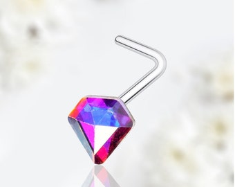 20G Silver Iridescent Diamond L Shape Nose Stud