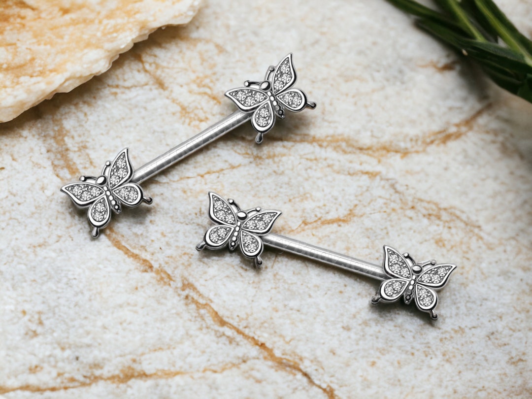14G Silver Glittering Butterfly Nipple Jewelry Barbells Etsy