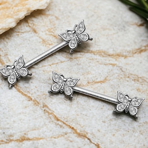 14G Silver Glittering Butterfly Nipple Jewelry Barbells, Nipple Piercings