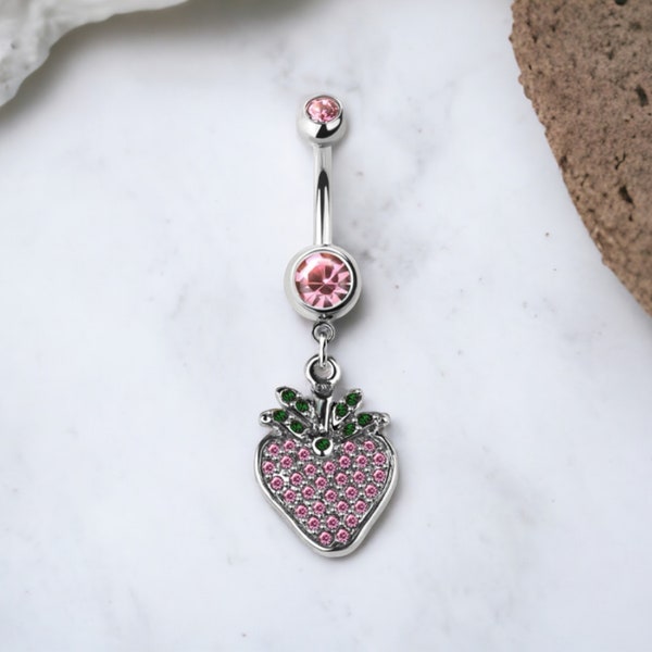 14G Dangling Strawberry Belly Ring, Pink Gem Strawberry Charm Decor Dangle Belly Button Ring Piercing Jewelry