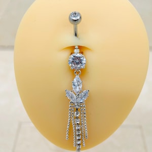 14G Silver Chain Dangling Belly Button Ring, Sparkling Chain & Beads Dangle Belly Ring Piericng, 14G Navel Ring, Body Jewelry