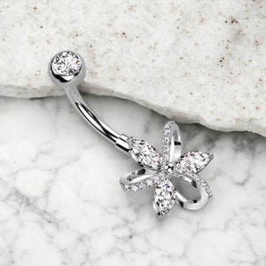 14g Marquise Flower Belly Button Ring, Floral Decor Sparkle Gem Non Dangle Belly Button Ring Piercing, Navel Ring Piercing Jewelry