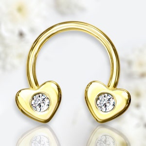 16G Gold Heart Ends Horseshoe Septum Ring Nose Ring Piercing Jewelry