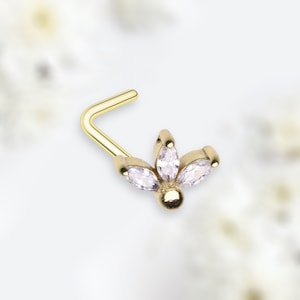 20 Flower Nose Stud, Sparkle mArquise Gem Flower Decor L Shape Nose Piercing Stud Jewelry, Cute Floral Nose L Bed Nose Stud Ring