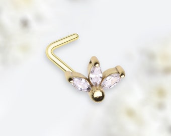 20 Flower Nose Stud, Sparkle mArquise Gem Flower Decor L Shape Nose Piercing Stud Jewelry, Cute Floral Nose L Bed Nose Stud Ring