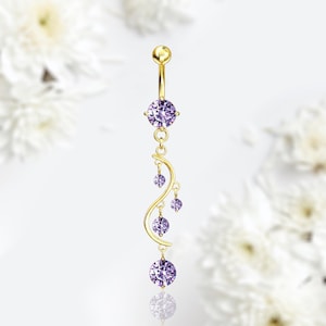 Gold Dangling Purple Solitaire Gems Belly Button Ring, Dangle Belly Button Ring, Belly Button Piercing