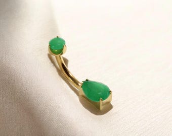 Green Onyx Belly Ring, Internally Threaded Titanium Gold Natural Gemstone Teardrop Belly Button Ring Piercing, 14g Navel Ring Body Jewelry