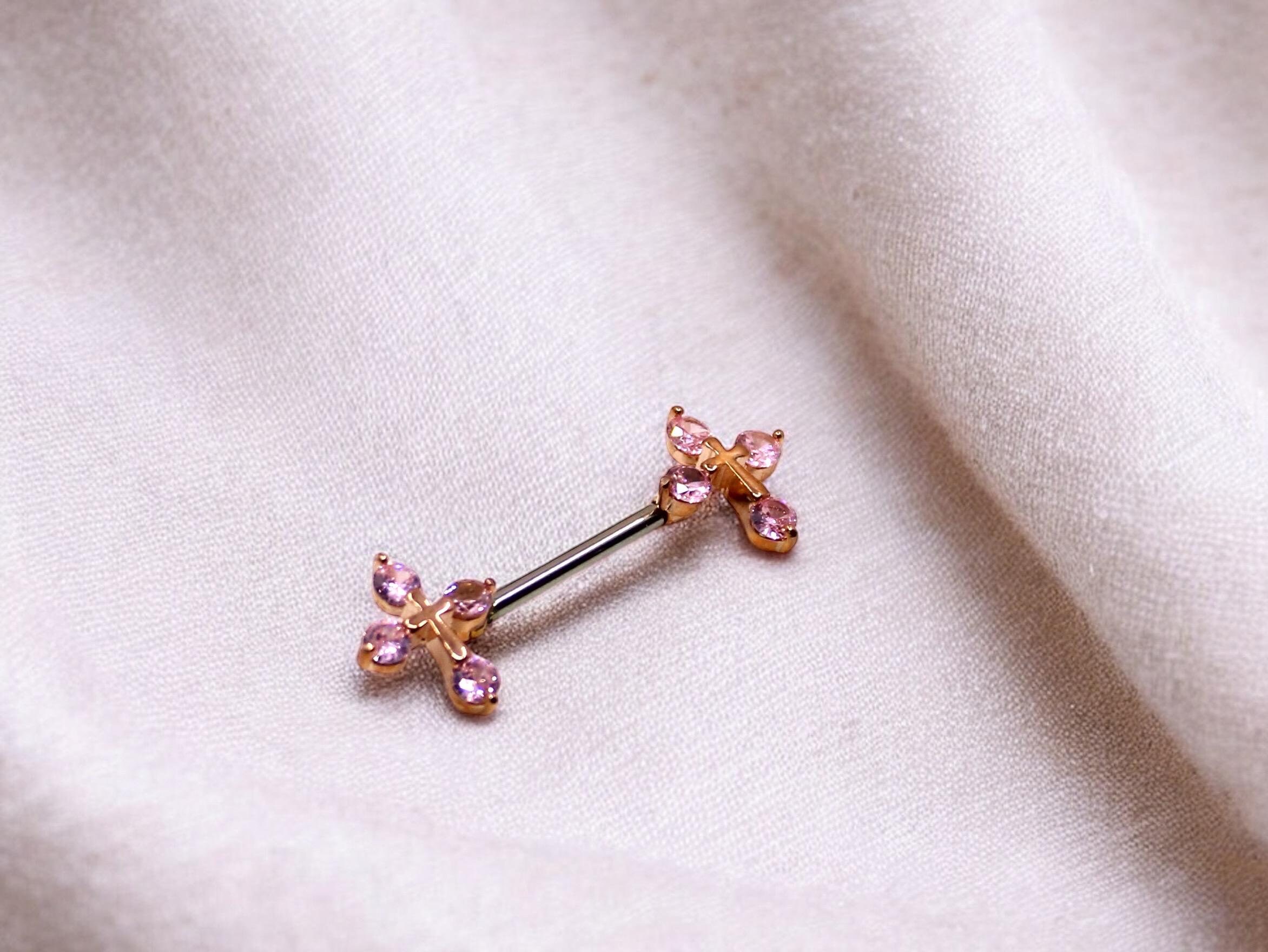 14G Rose Gold Pink Stones Cross Ends Nipple Jewelry Barbells Nipple Piercings Rings Nipple Jewelry, Personalized Jewelry, Set of 2