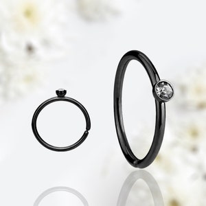 20G Gem Top Nose Piercing Hoop Ring, Simple Style Singe Gem Thin Snug Fit Bendable Black Nose Ring Piercing Jewelry, Cartilage Ring