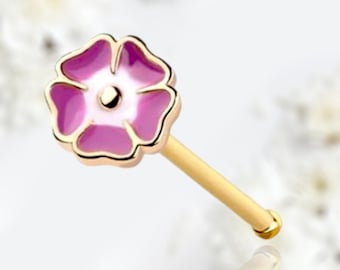 20G Pink Flower Top Nose Stud, Cute Pink Floral Decor Gold Nose Piercing Stud, Flower Nose Bone Stud