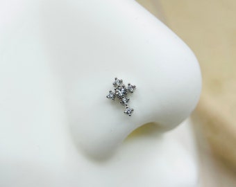20G Cross Nose Stud, Sparkle Clear Gems Decor Cross Shape Nose Bone Stud, Nose Piercing Jewelry, Everyday Cute Nose Stud with Ball End