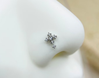 20G Cross Nose Stud, Sparkle Clear Gems Decor Cross Shape Nose Bone Stud, Nose Piercing Jewelry, Everyday Cute Nose Stud with Ball End