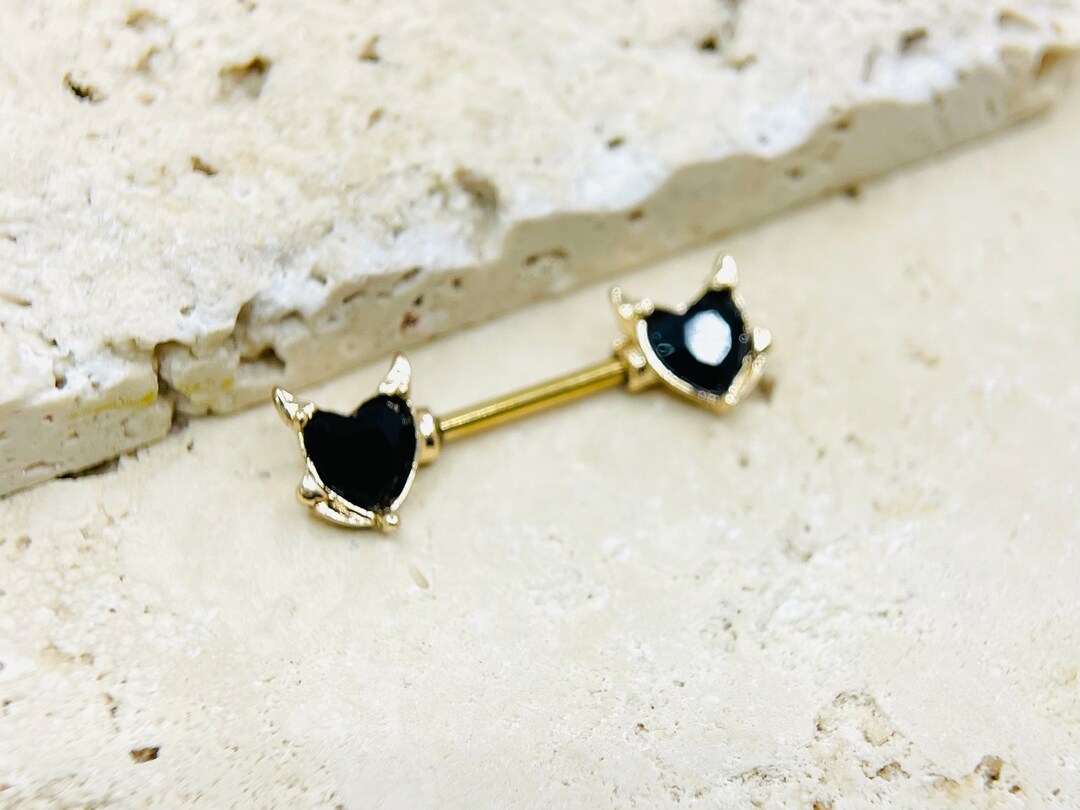 14G Gold Devils Heart Nipple Ring Barbells Black Devil Heart Gem Decor