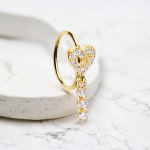 ゴールドハート鼻ピアスフープリング、垂れ下がるチェーンハート装飾薄型ぴったりフィット20g鼻ピアスフープリングジュエリー