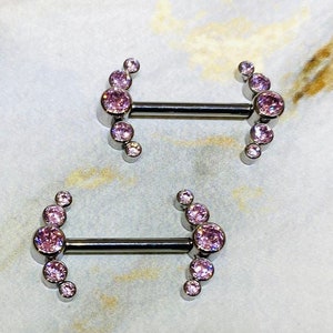 Pair of Implant Grade Titanium Internally Threaded Bezel Setting Pink Sparkling Stones Nipple Barbells. Nipple Piercing. Nipple Jewelry.