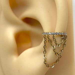Conch Hoop Earring, Dangling Chain Decor Gem Conch Cartilage Piercing Hoop Earring, Titanium Hinged Clicker Cartilage Conch Gold Hoop Ring