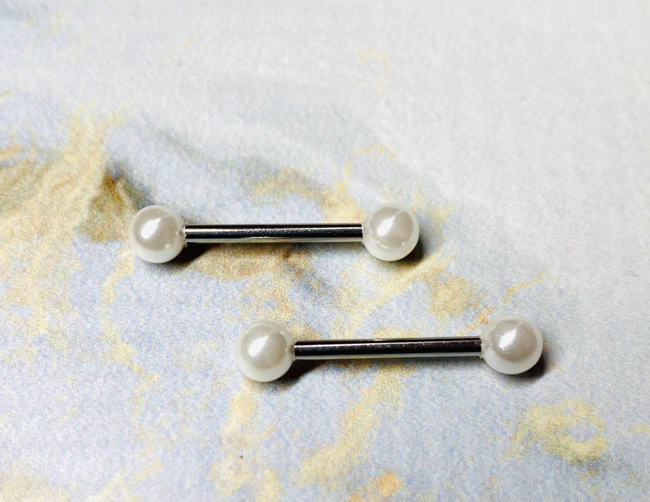 Pair of 14G White Pearls Nipple Barbells. Nipple Piercing. Nipple