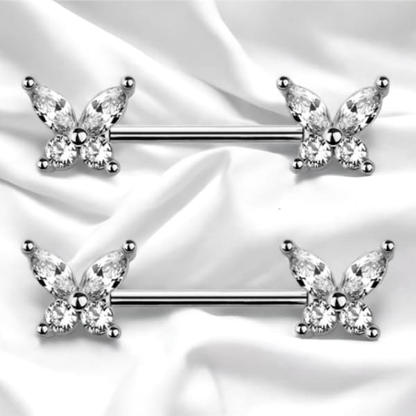 Pair of 14G Sparkle Butterfly Nipple Barbell Jewelry • Nipple Rings • Gift for Her