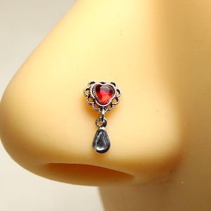Red Heart L Shape Nose Stud, Beautiful Valentine Heart Gem Dangling Nose Piercing Stud, L Bend Nose Bone Stud