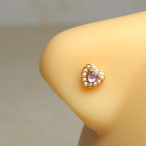 Pearl Heart Nose Stud, 20g Gold L Shape Ball End Dainty Pearl Nose Piercing Stud Ring