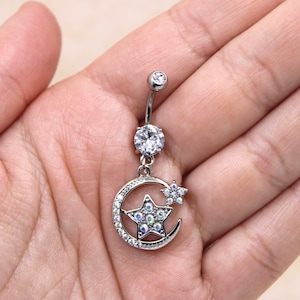 Crescent Moon Belly Ring, Sparkle Moon & Star Dangle Belly Button Ring Piercing, 14g Belly Ring Navel Piercing Jewelry