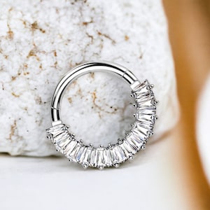 Implant Grade Titanium Septum Ring, Sparkle Baguette Gem Decor Front Septum Nose Piercing Clicker Hoop Ring, Nose Ring, Septum Jewelry