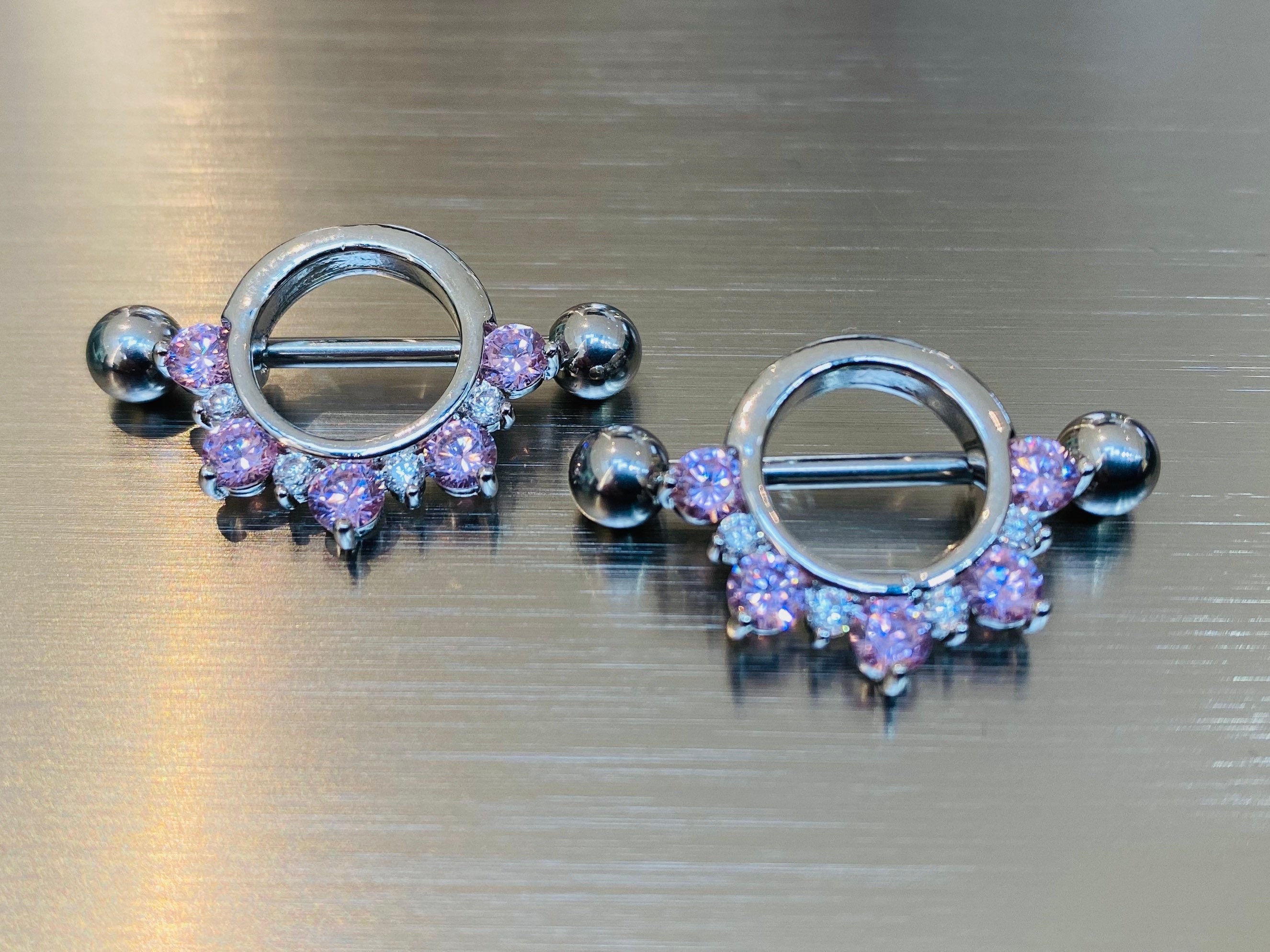 2pc 14G Pink & Clear Gem Nipple Piercing Barbell Half Circle Colorful Pink Decor Nipple Rings Nipple Piercing Jewelry