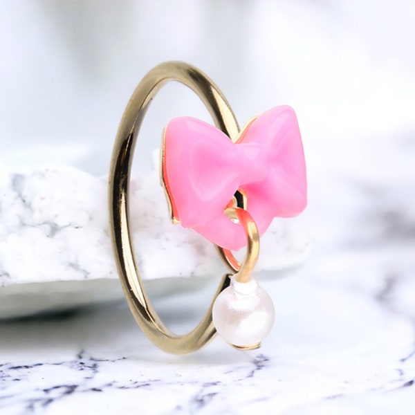 20G Bendable Pink Bow Dangling Pearl Nose Hoop Ring • Nose Ring, Nose Piercing Jewelry Ring