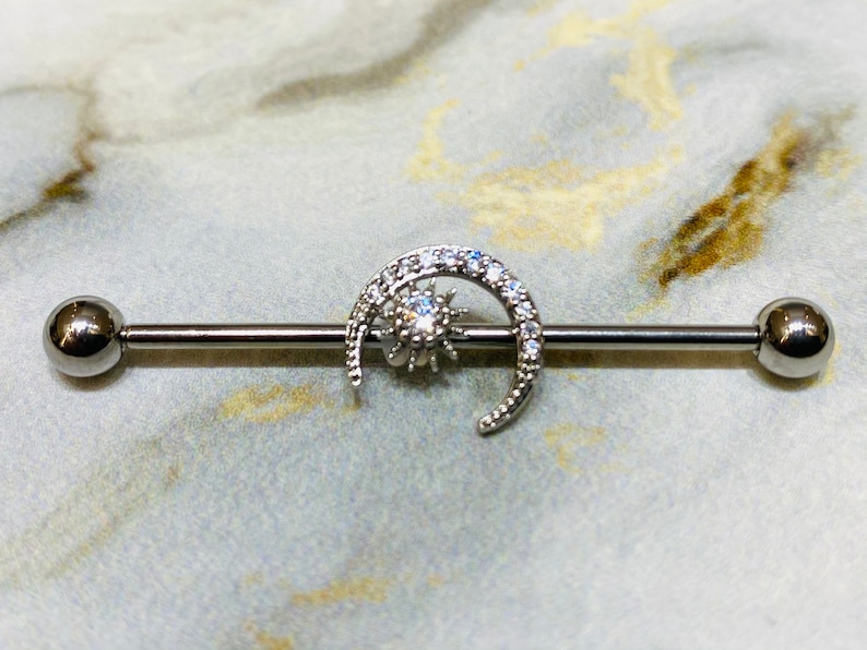 14G Silver Crystals Paved Moon with Center Stone 38MM Industrial Barbell Industrial Piercing Ear Barbells