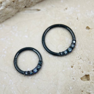 16G Black Minimal Basic Surgical Steel Septum Ring Clicker with Multicolored Stones