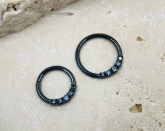 16G Black Minimal Basic Surgical Steel Septum Ring Clicker with Multicolored Stones