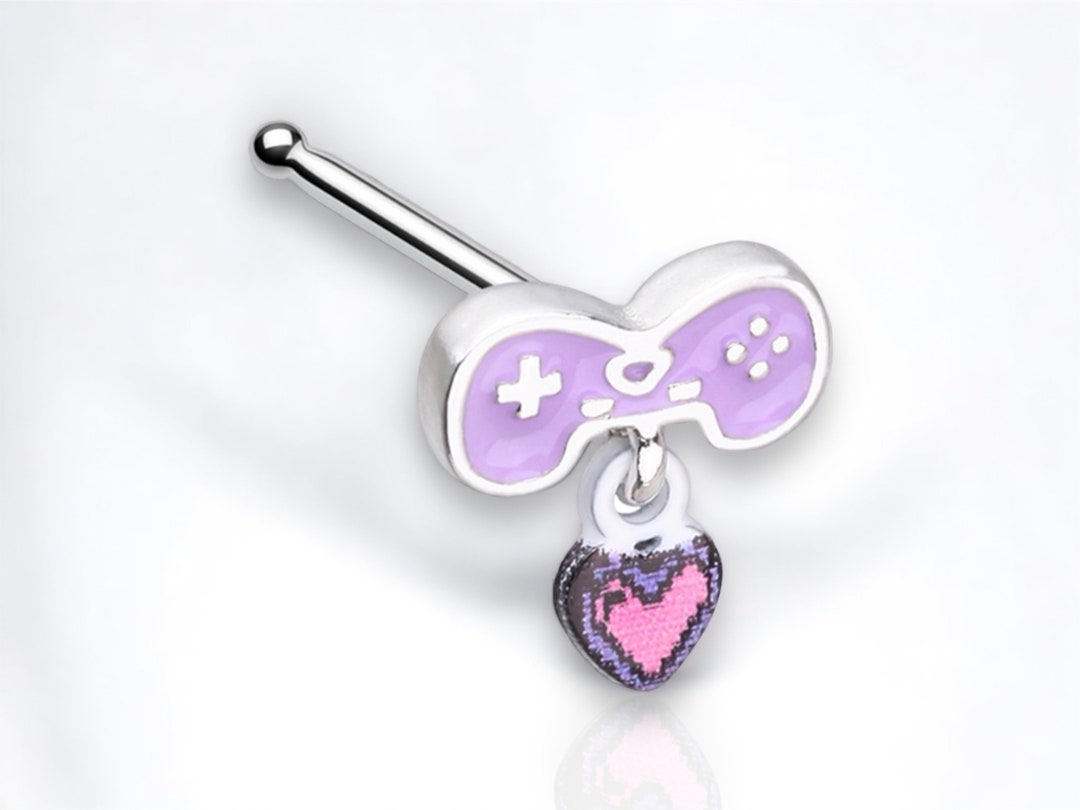 20G Gamer Controller Design Dangling Heart Nose Bone Stud, Nose ...