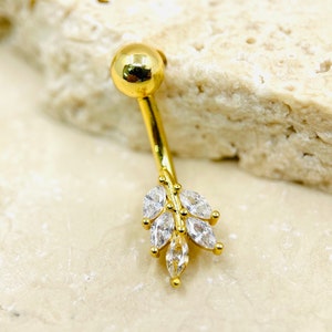 14G Gold Leaf Charm Belly Button Ring, Petite Dainty Belly Button Piercing