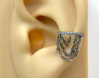 Conch Hoop Earring, Dangling Chain Decor Gem Conch Cartilage Piercing Hoop Earring, Titanium Hinged Clicker Cartilage Conch Silver Hoop Ring