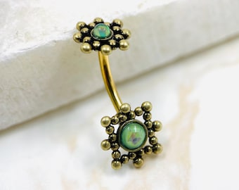 Vintage Belly Ring, Antique Style Beaded Opal Belly Button Ring, 14g Gold Belly Ring Piercing Jewelry, Navel Ring