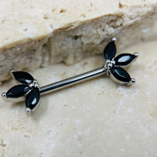 Piercing para pezón con gemas marquesas negras de 14 g. Aros para pezón. Joyería para pezón. Piercing para pezón.